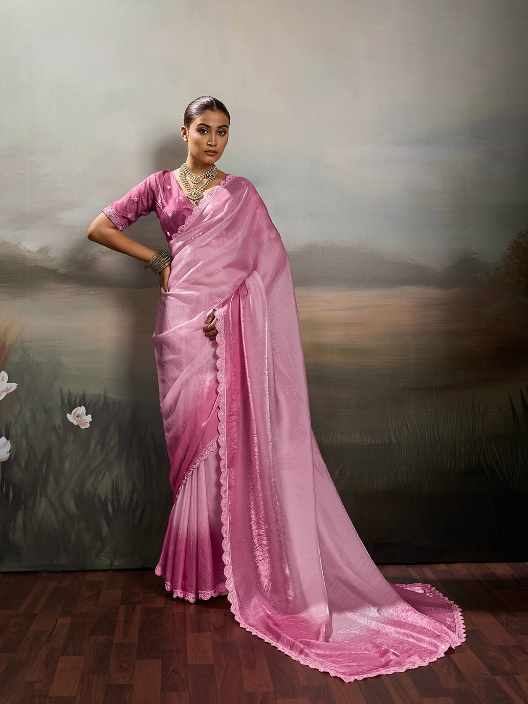 Two-Tone Glass Tissue Steel Blue Silver Shimmer saree