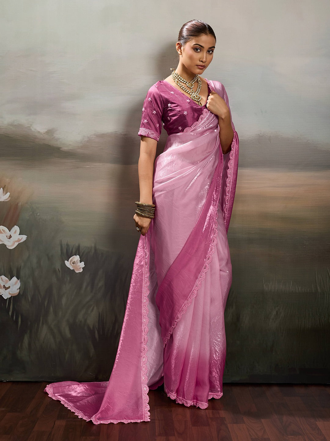 Two-Tone Glass Tissue Steel Blue Silver Shimmer saree