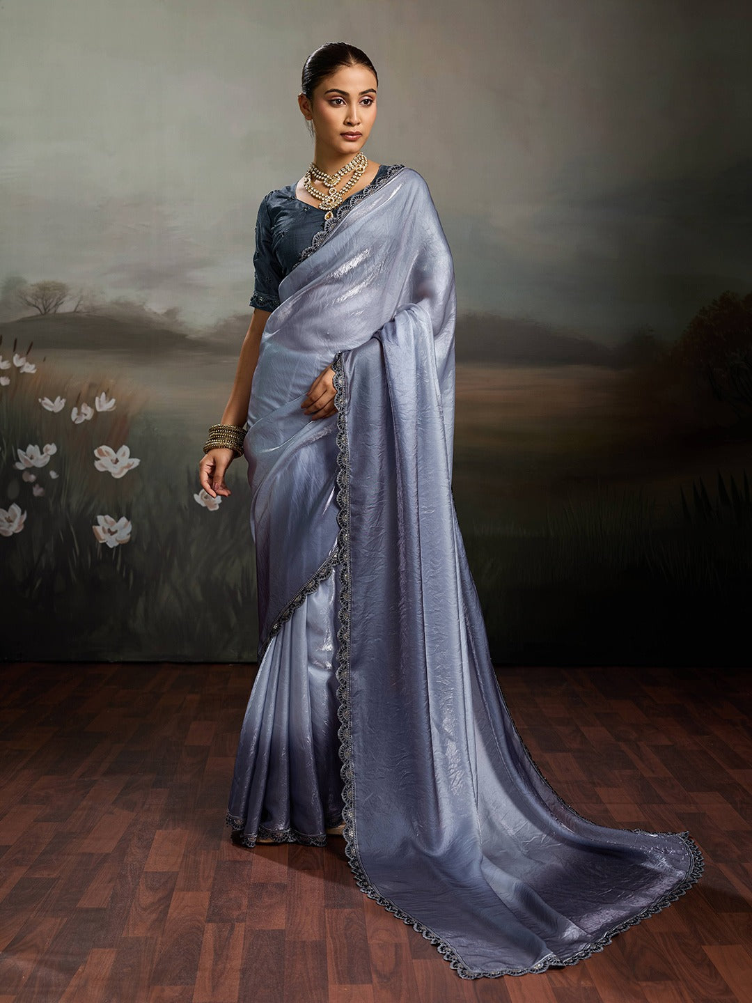 Two-Tone Glass Tissue Steel Blue Silver Shimmer saree