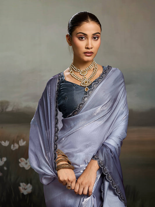 Two-Tone Glass Tissue Steel Blue Silver Shimmer saree