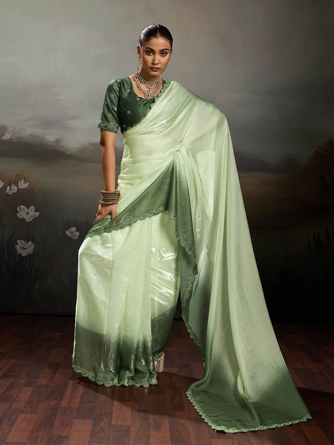 Two-Tone Glass Tissue Steel Blue Silver Shimmer saree
