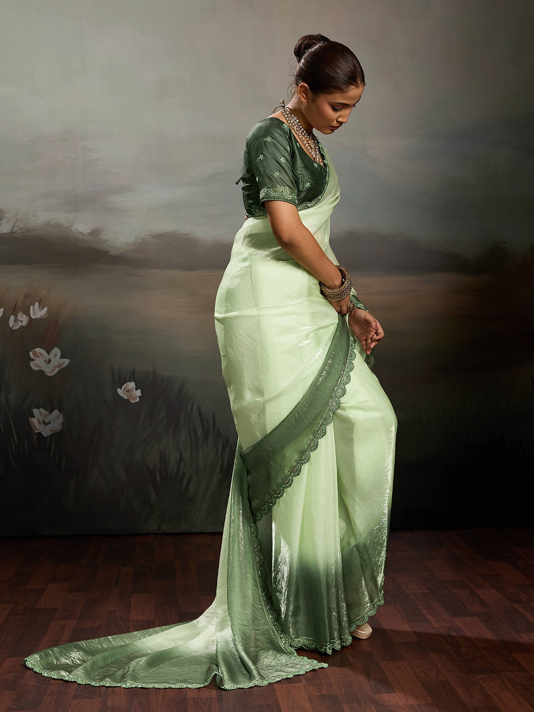 Two-Tone Glass Tissue Steel Blue Silver Shimmer saree