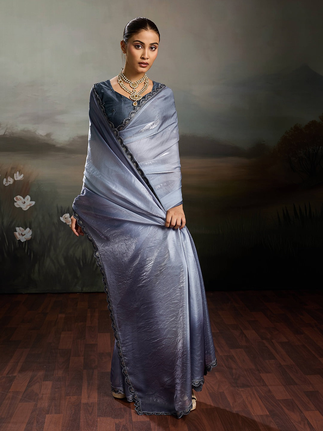 Two-Tone Glass Tissue Steel Blue Silver Shimmer saree