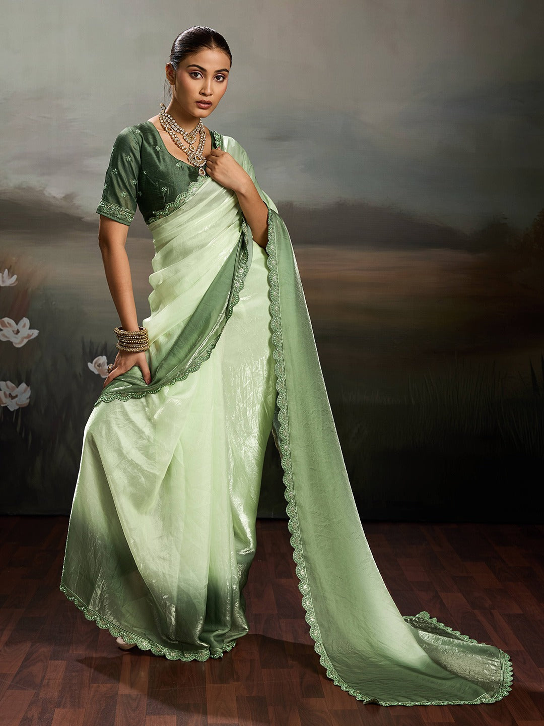 Two-Tone Glass Tissue Steel Blue Silver Shimmer saree