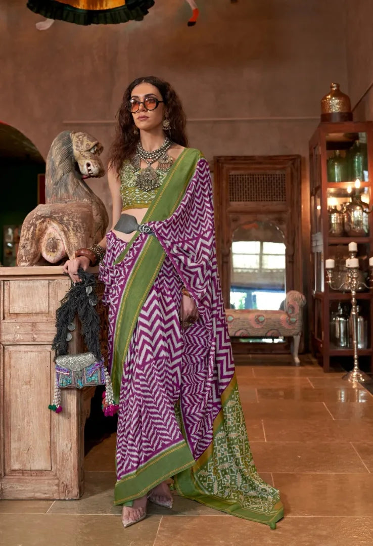 Vanyamaala Patola Silk Saree | Monochrome Chevron Print with Rani Pink Patola Pallu