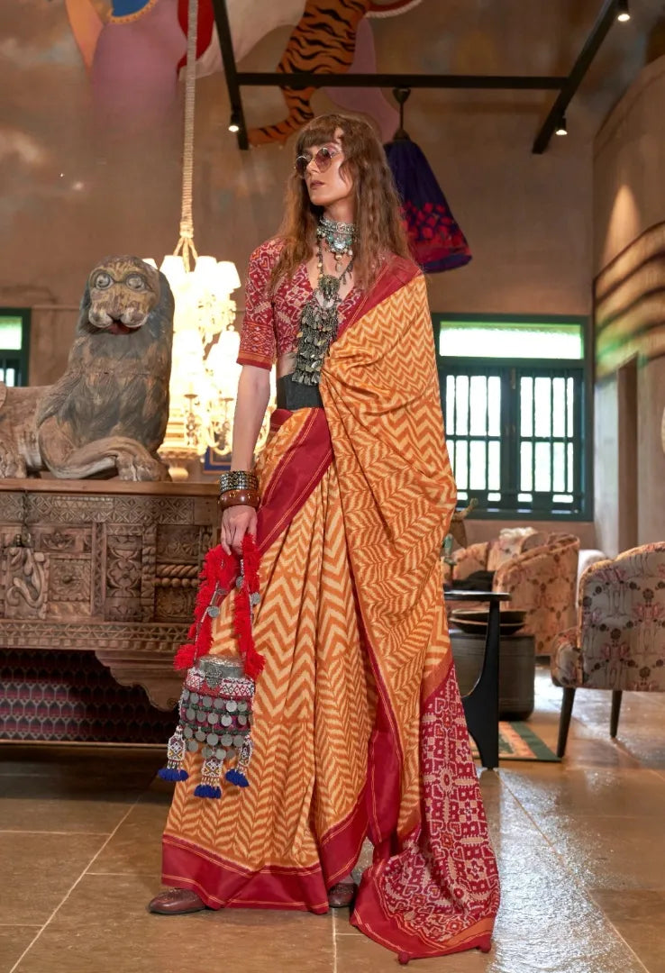 Vanyamaala Patola Silk Saree | Monochrome Chevron Print with Rani Pink Patola Pallu