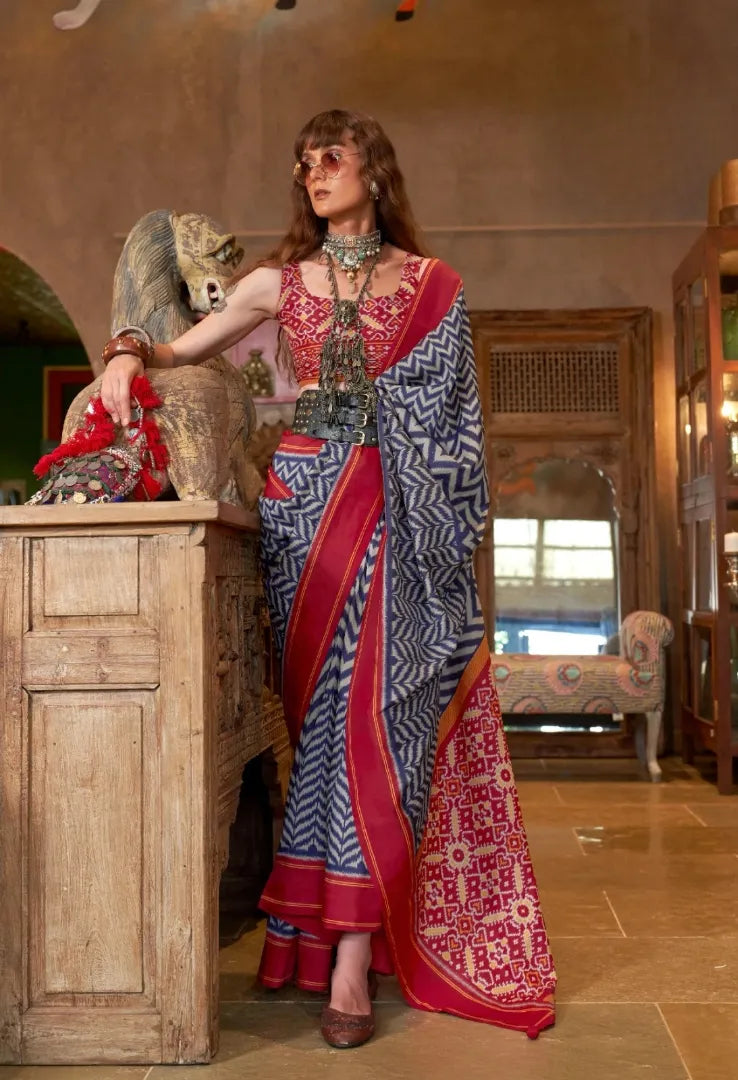 Vanyamaala Patola Silk Saree | Monochrome Chevron Print with Rani Pink Patola Pallu
