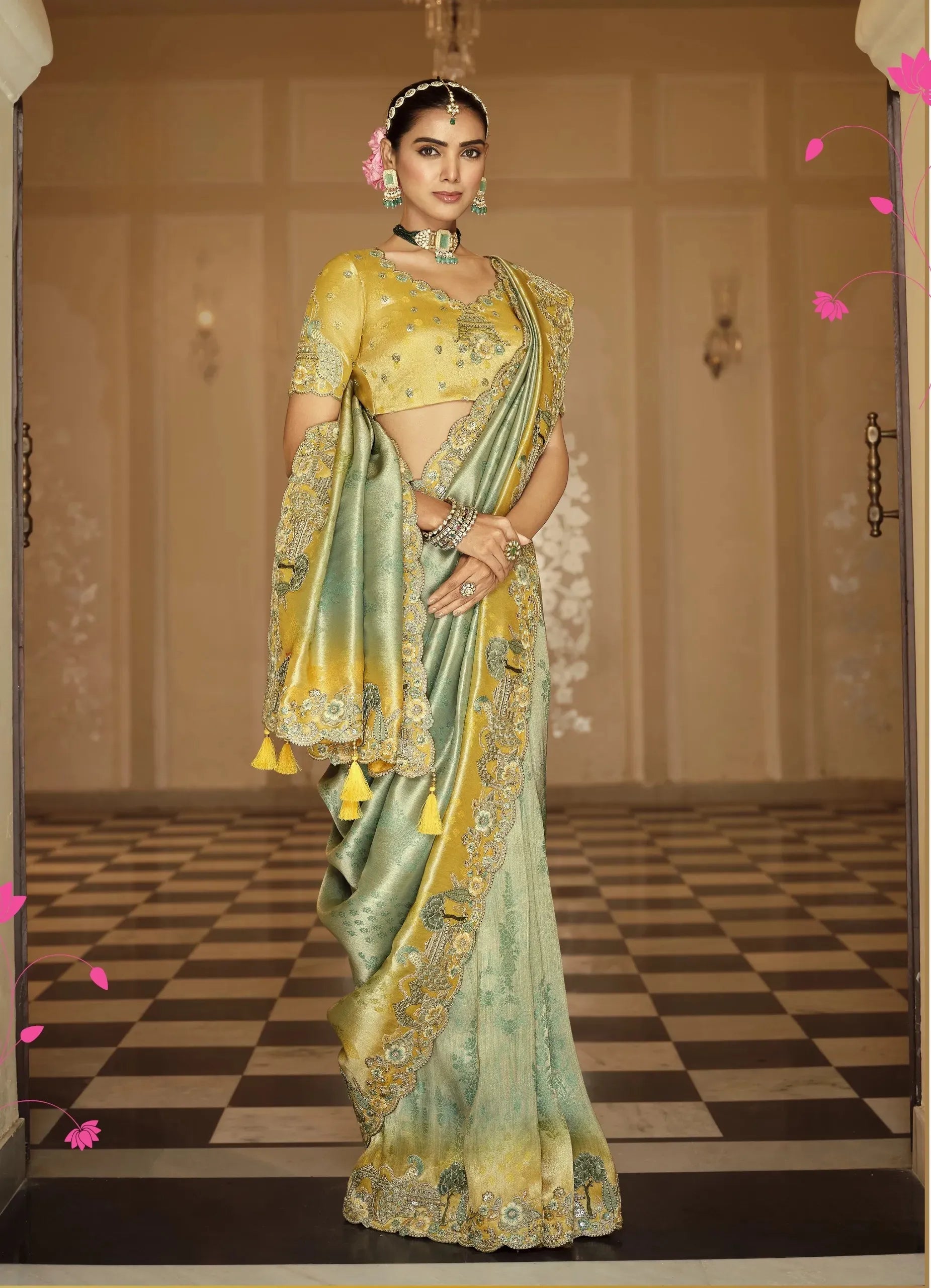 Kanakadurga Tissue Organza Saree | Chartreuse Gold with Antique Zardozi Embroidery