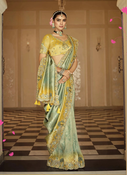 Kanakadurga Tissue Organza Saree | Chartreuse Gold with Antique Zardozi Embroidery