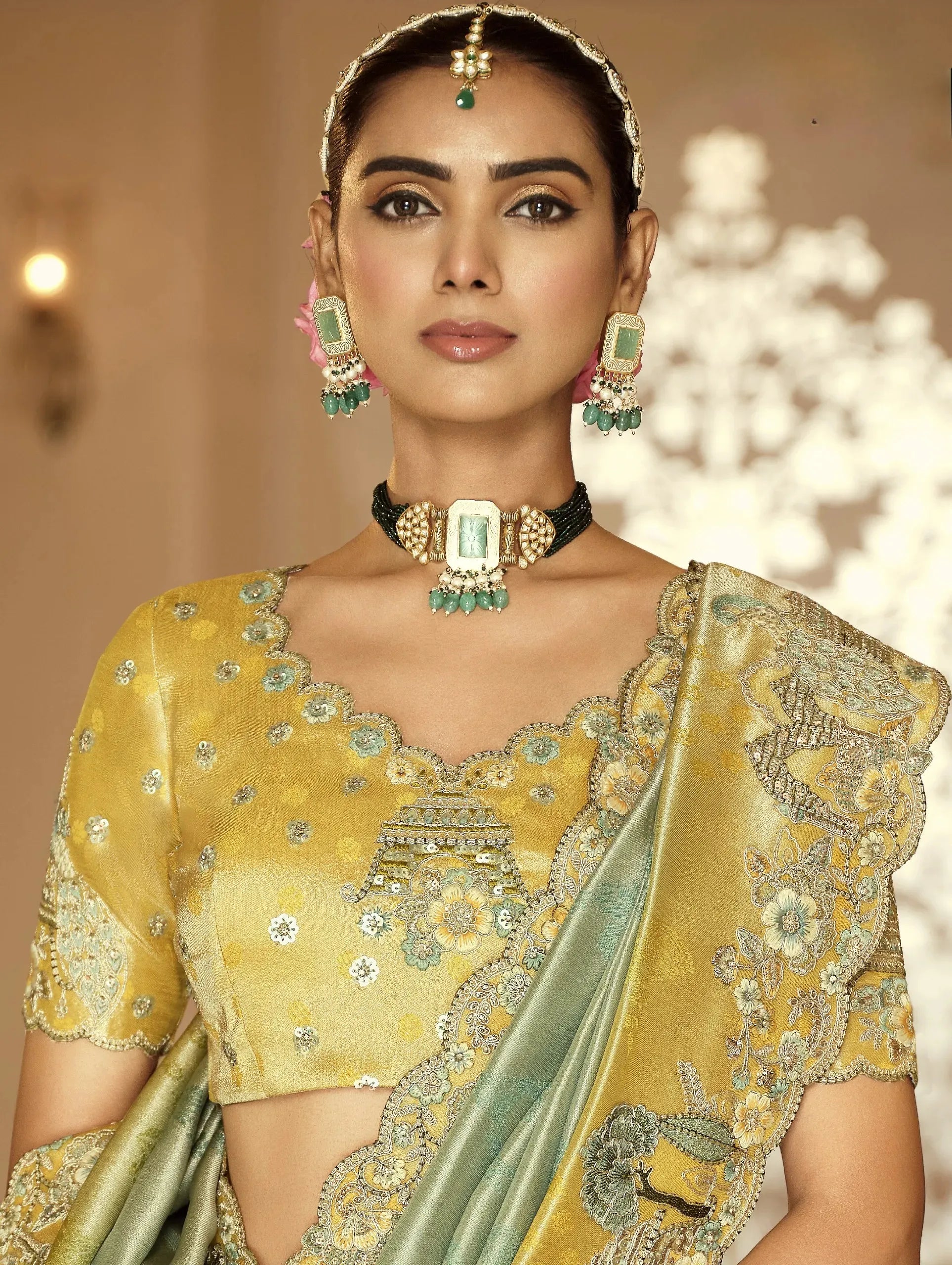 Kanakadurga Tissue Organza Saree | Chartreuse Gold with Antique Zardozi Embroidery