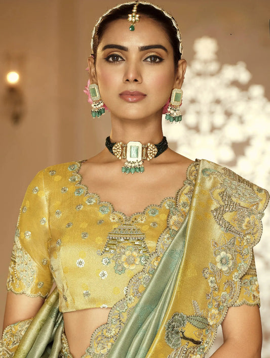 Kanakadurga Tissue Organza Saree | Chartreuse Gold with Antique Zardozi Embroidery