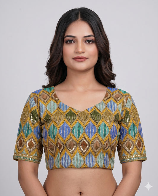 Olive Green Sweetheart Neck Designer Embroidered Blouse