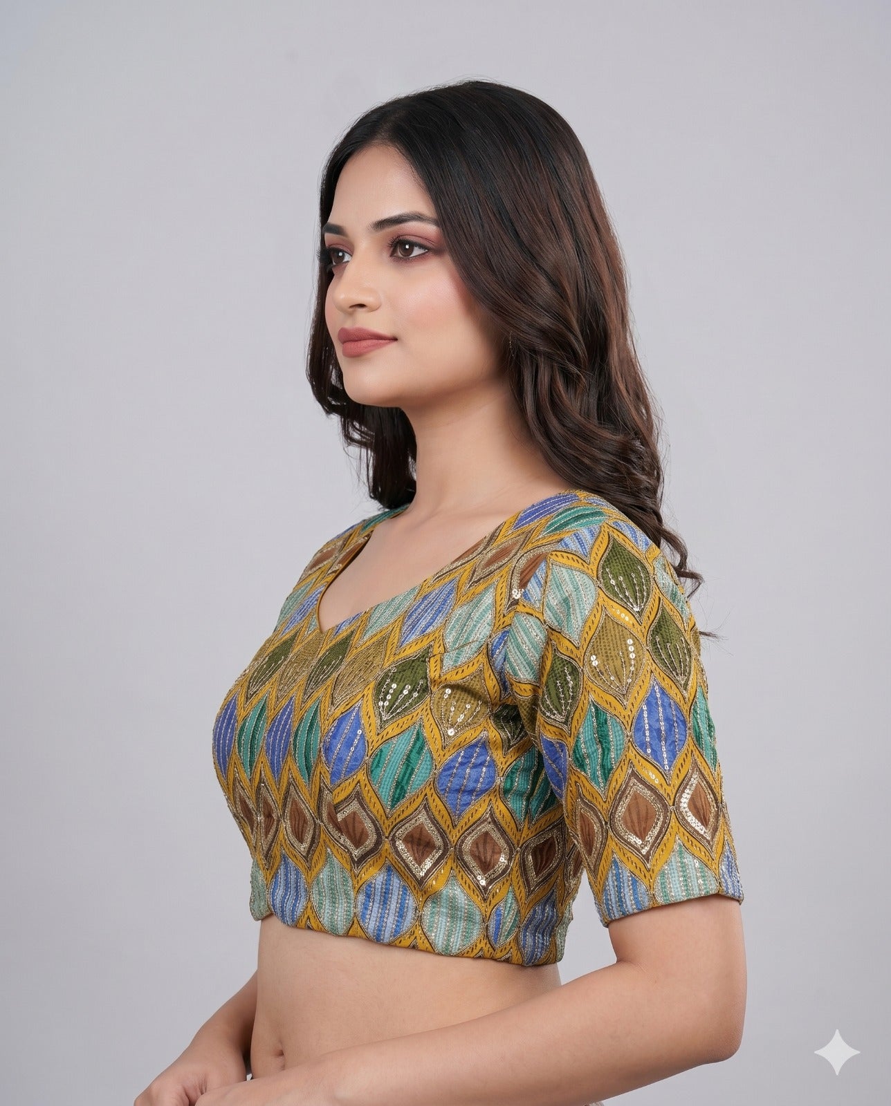 Olive Green Sweetheart Neck Designer Embroidered Blouse
