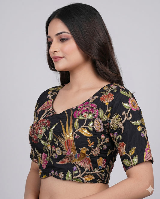 Black Sweetheart Neck Designer Embroidered Blouse
