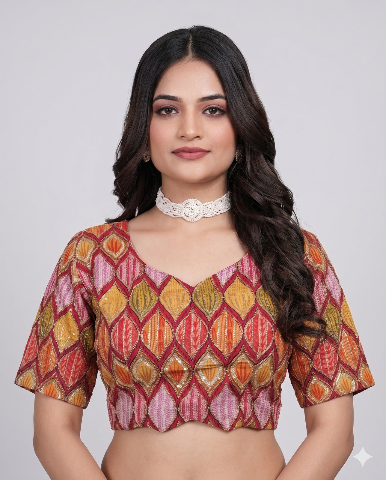 Orange Sweetheart Neck Designer Embroidered Blouse