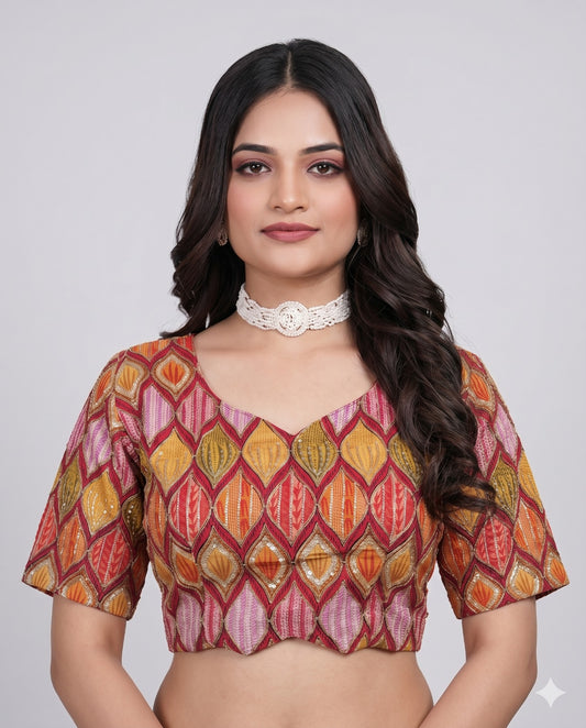Orange Sweetheart Neck Designer Embroidered Blouse