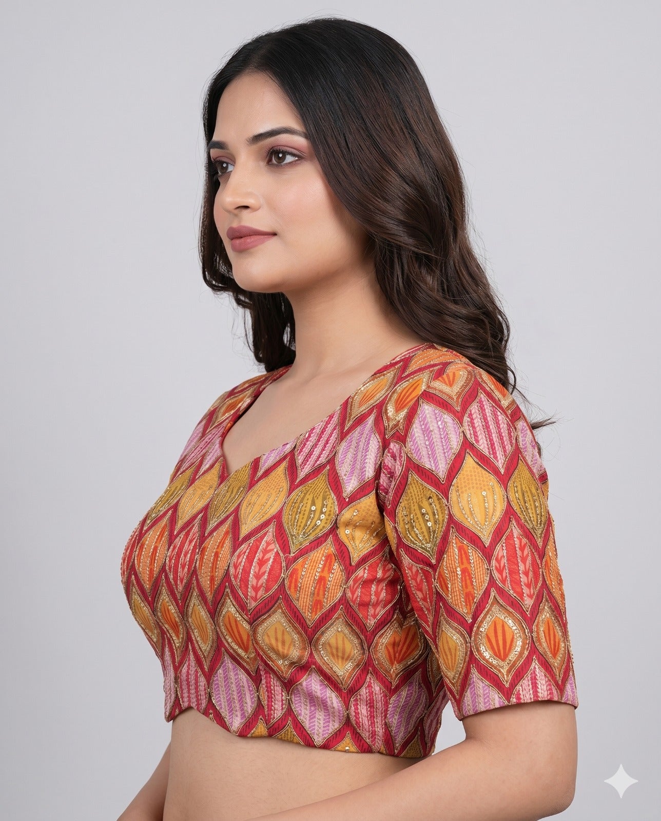 Orange Sweetheart Neck Designer Embroidered Blouse