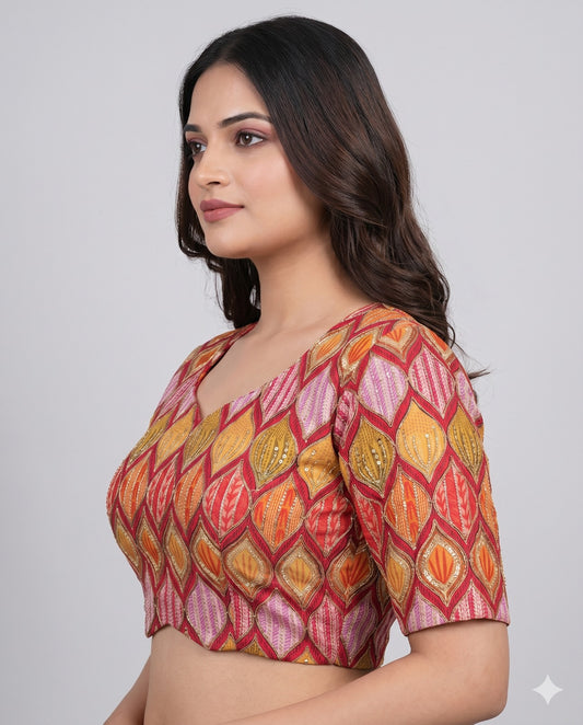 Orange Sweetheart Neck Designer Embroidered Blouse