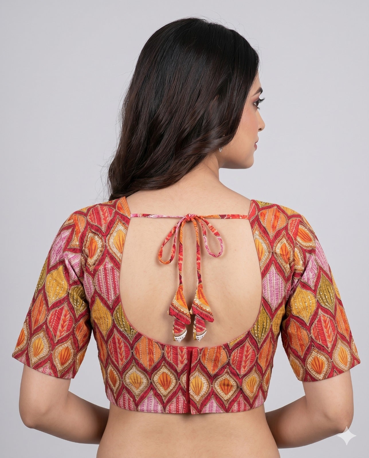 Orange Sweetheart Neck Designer Embroidered Blouse