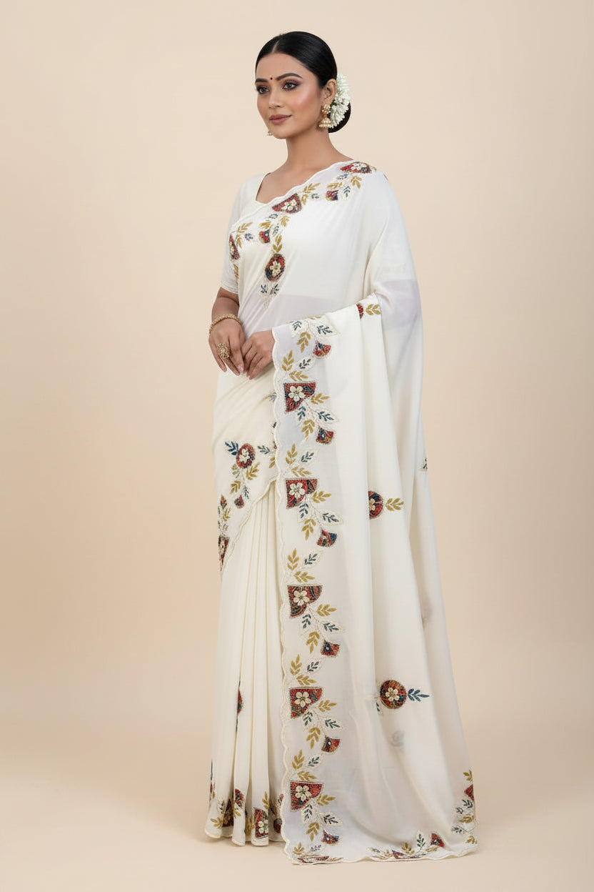 White Georgette Saree – Hand Work Peach Butta & Digital Print Blouse