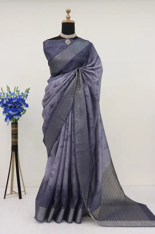 Steel Blue-Grey Vichitra Silk Digital Print Saree